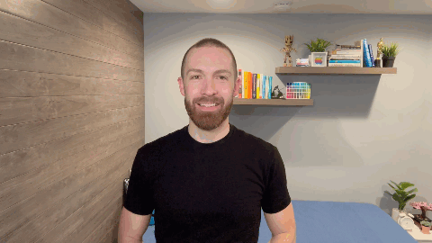 Short animation of a young adult white male waving and pointing upwards